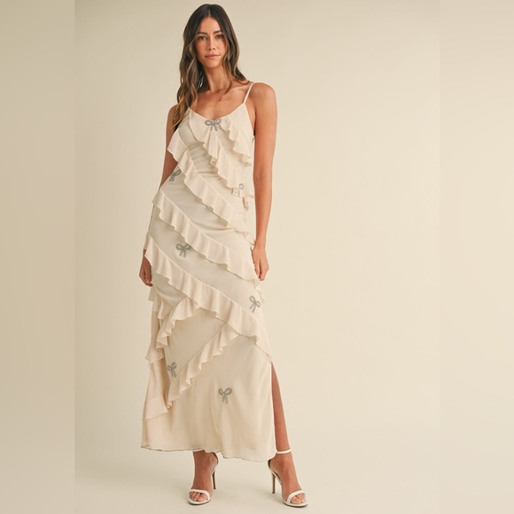 Dresses & Skirts - Cream Satin Ruffle Gown w/ Silver Crystal Bows – Romantic Maxi Slip Dress